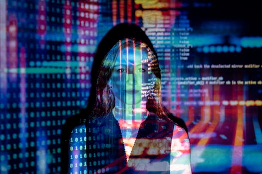pexels-photo-3861969-3861969 A woman with digital code projections on her face, representing technology and future concepts.